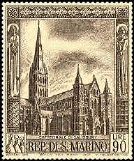San Marino 1967. Gothic Art. Stamp #4 in a set of three. Cathedral of Salisbury (Great Britain). 